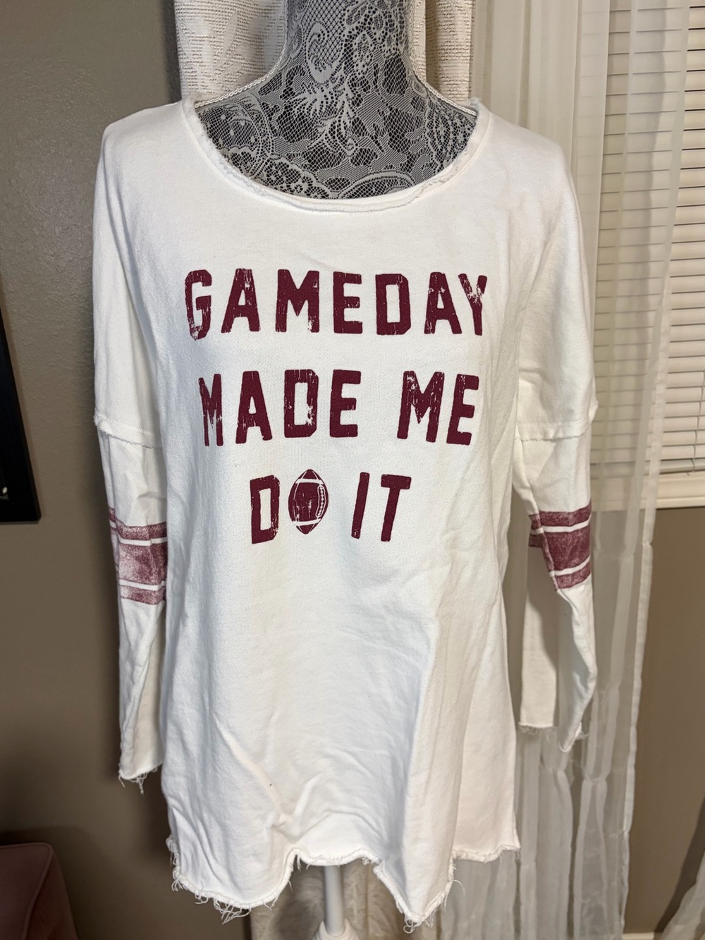 crown & ivy Tunic Sweatshirt with "Gameday Made Me Do It" in maroon print, Large